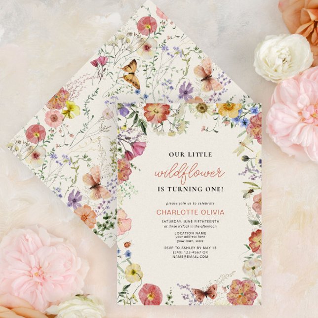 Invitation Notre Petit Fleur sauvage 1er anniversaire Fleurs  (Easily personalize this sweet baby's first birthday invitation with your unique details.)