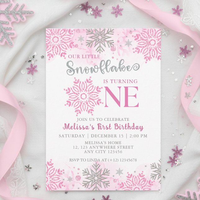 Invitation Notre petit Flocon de neige rose Argent d'hiver An (Créateur téléchargé)