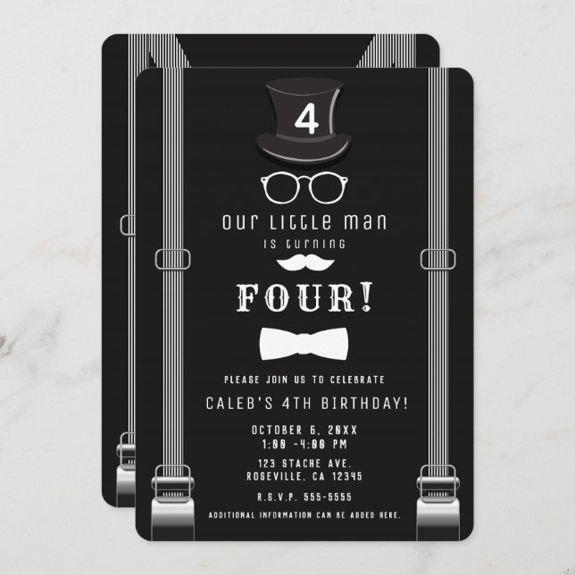 Invitation Notre petit homme hipster Suspendants fête d'anniv (Devant / Derrière)