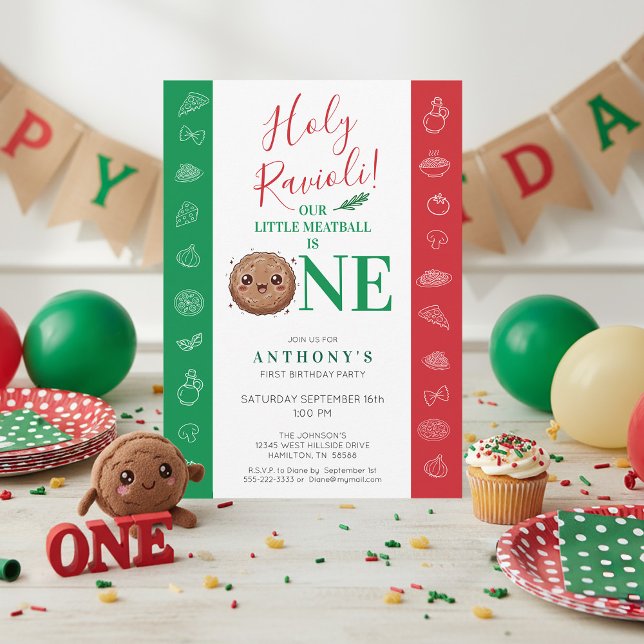 Invitation Notre petit Meatball a un anniversaire  (Holy Ravioli! Our Little Meatball is One Boy's Italian Birthday Party Invitation)