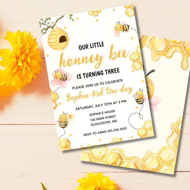 Invitation Notre Petit Miel Bumble Bee Floral Anniversaire (Cute honey bee birthday invitation perfect for kids’ bee themed party)