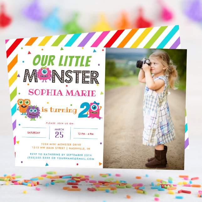 Invitation Notre petit Monster mignon photo rose Anniversaire (Our Little Monster Cute Pink Photo Birthday Invitation)