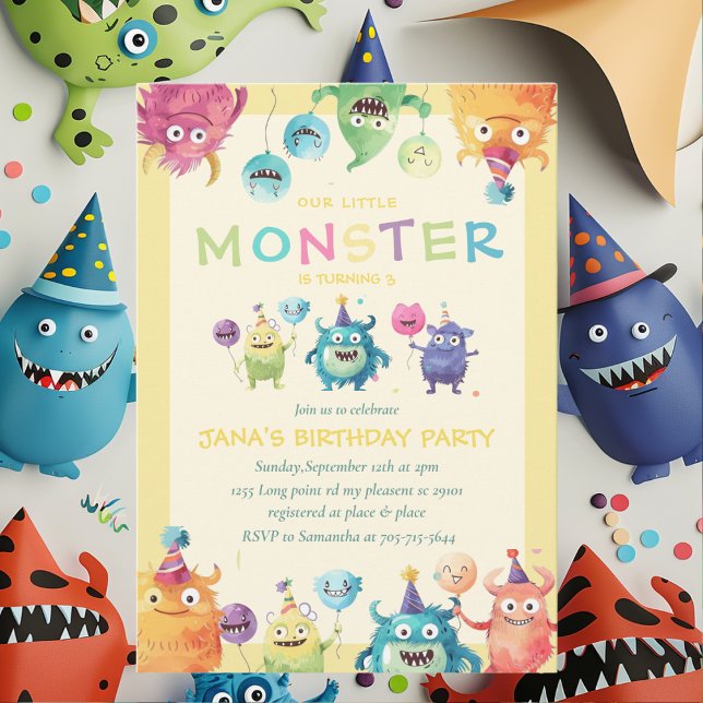 Invitation Notre petit monstre | Trois monstres colorés (Créateur téléchargé)