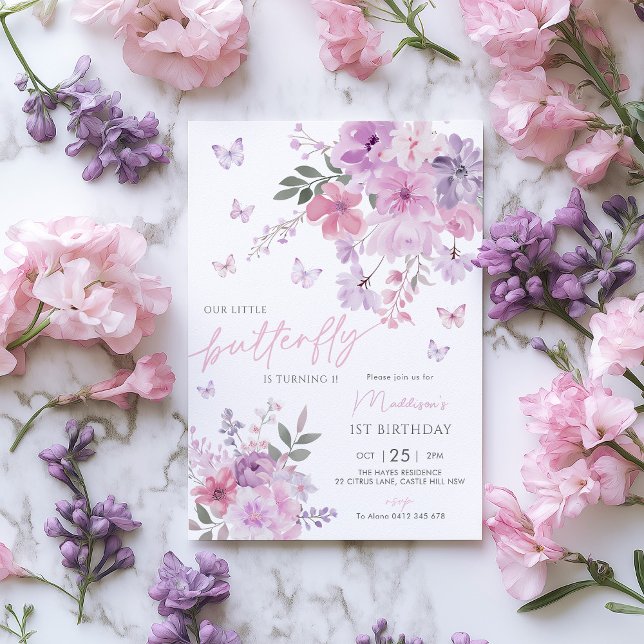 Invitation Notre Petit Papillon Floral Purple 1er Anniversair (Our little butterfly 1st Birthday Invitation Purple Flowers Butterfly)