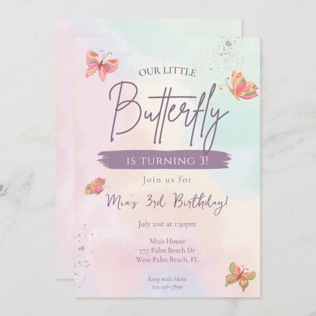 Invitation Notre Petit Papillon Pastel Butterfly Anniversaire (Devant / Derrière)