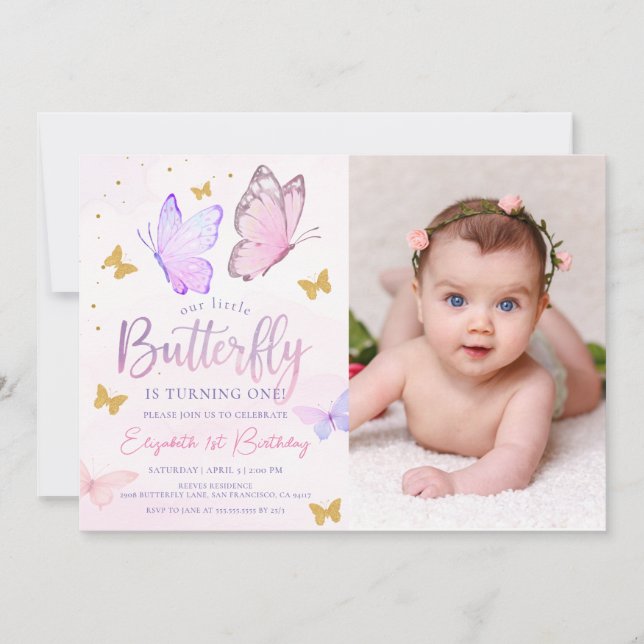 Invitation Notre Petit Papillon Rose Gold Girl Photo Annivers (Devant)