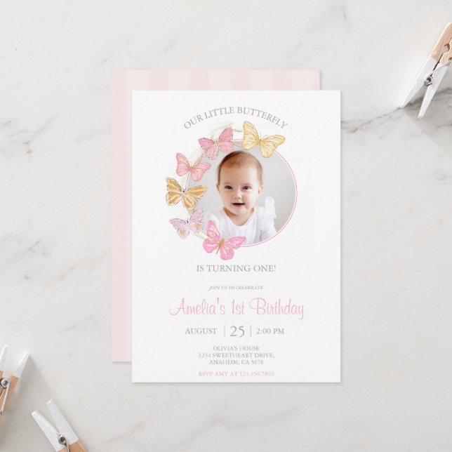 Invitation Notre petit papillon rose pourpre fille 1er annive (Devant/Arrière en situation)