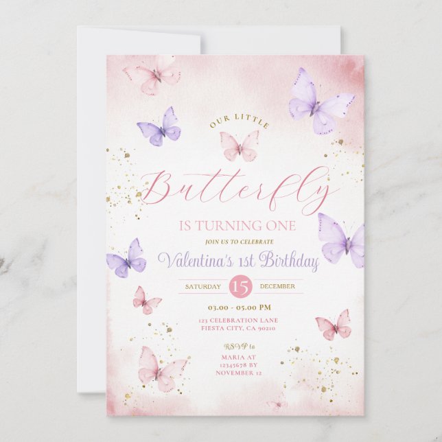 Invitation Notre petit papillon tourne un rose et violet (Devant)