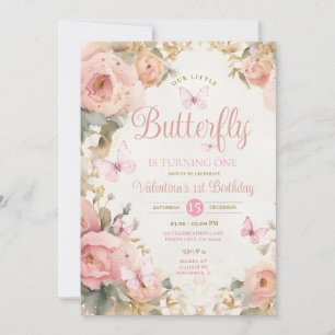 Invitation Notre Petit Papillon tourne une Fleur Rose