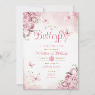 Invitation Notre Petit Papillon tourne une Fleur Rose