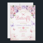 Invitation Notre petit papillon Violet Rose fête son premier<br><div class="desc">Notre petit papillon Violet Rose fête son premier anniversaire Fleurs Or invitation Paillettes</div>