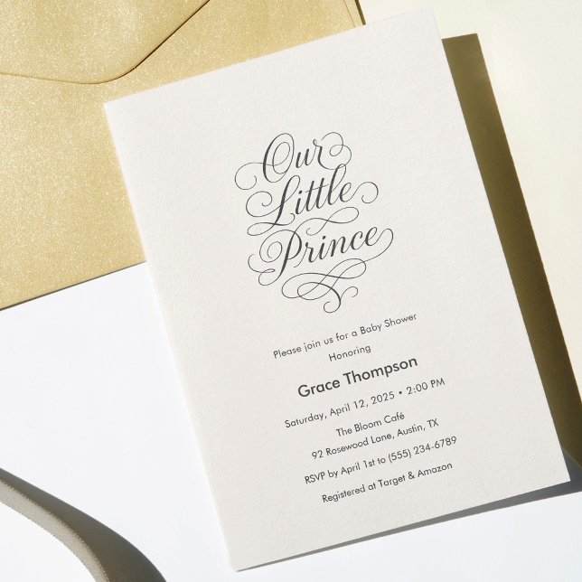 Invitation Notre Petit Prince Bébé Crème Minimal Script (Our Little Prince Baby Creamy White Minimal Script Invitation)