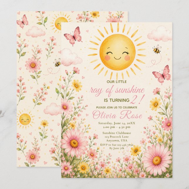 Invitation Notre Petit Rayon de Soleil 2e Anniversaire (Devant / Derrière)