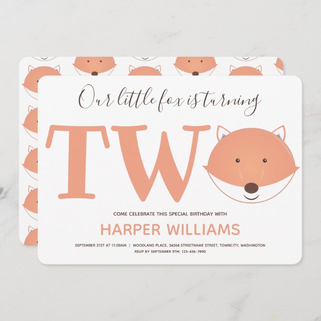 Invitation Notre petit renard tourne le deuxième Anniversaire (Devant / Derrière)