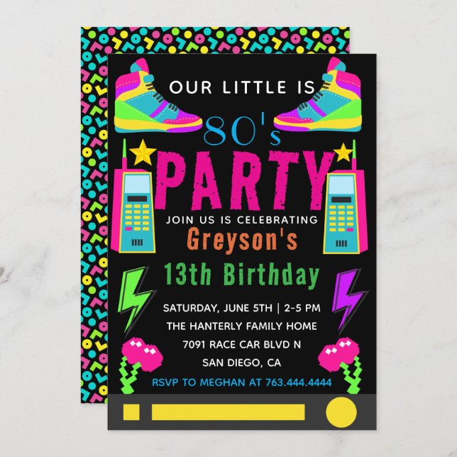Invitation notre petit Retro Neon 80's 13th Birthday Party (Devant / Derrière)