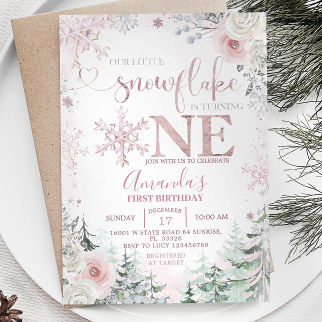 Invitation Notre petit Snowflake Pastel Fleurs roses Annivers (Créateur téléchargé)