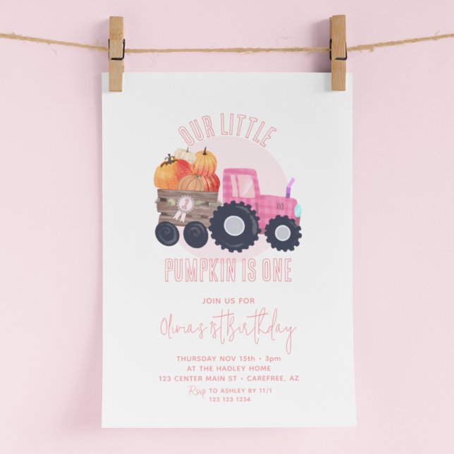 Invitation Notre petit tracteur rose Citrouille 1er anniversa (Créateur téléchargé)