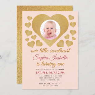 Invitation Notre petite amoureuse Gold Pink Photo 1er anniver
