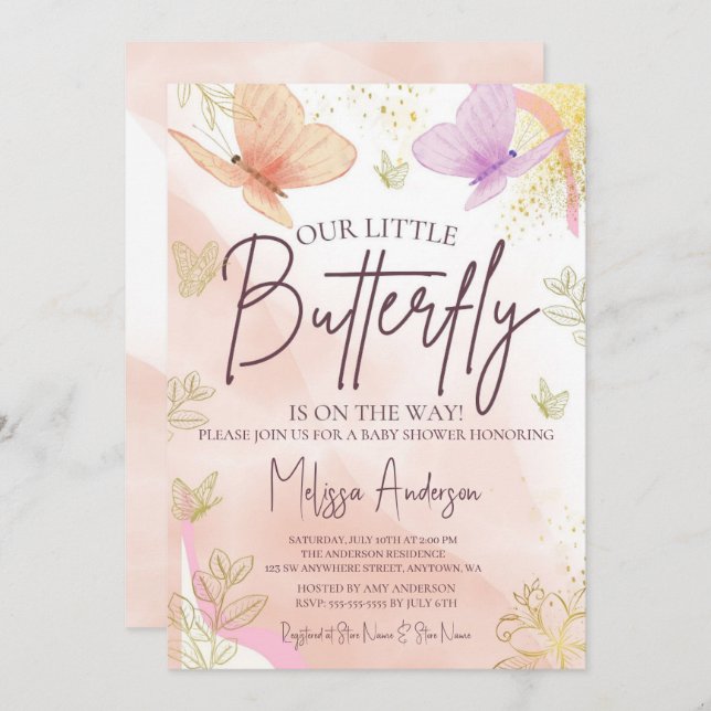Invitation Notre Petite Aquarelle Papillon Pink Purple Gold (Devant / Derrière)