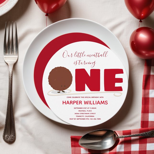 Invitation Notre Petite Boule De Viande À Un Premier Annivers (Add this invitation to your cart and have a fun, meatball & spaghetti, 1st birthday party!)