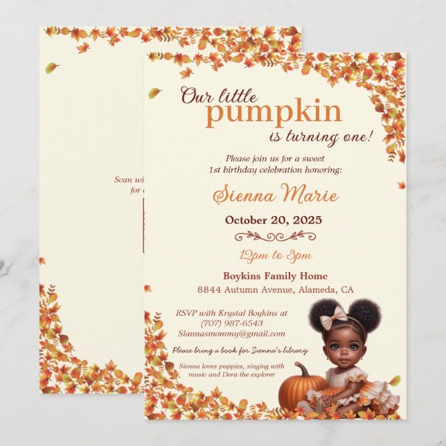Invitation Notre petite citrouille afro bébé fille anniversai (Devant / Derrière)
