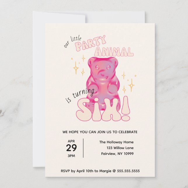 Invitation Notre petite fête Animal Gummy Bear 6e anniversair (Devant)