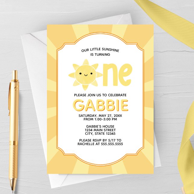 Invitation Notre petite fête d'anniversaire de un an pour not (Yellow Sun One Birthday Party Invite | Summer Baby Birthday Invitation)