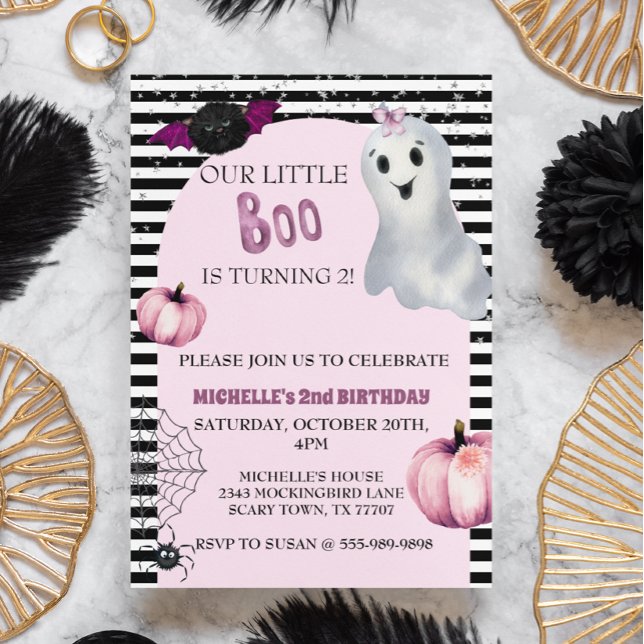 Invitation Notre petite fête d'anniversaire fantôme rose Boo  (Créateur téléchargé)