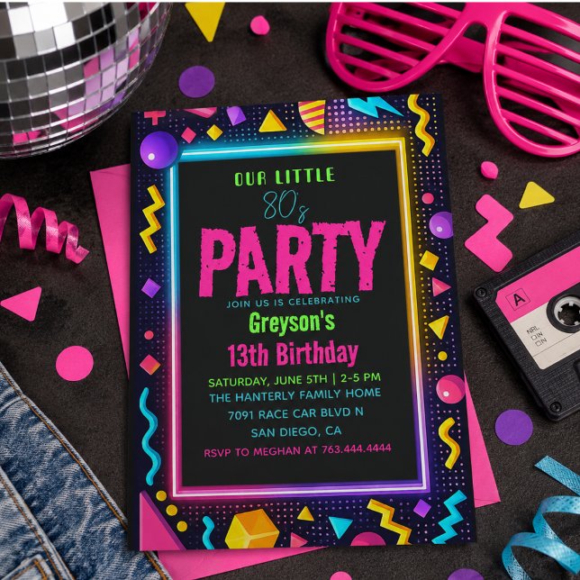 Invitation notre petite fête d'anniversaire Rétro Néon 80 (our little Retro Neon 80's Birthday Party Invitation)