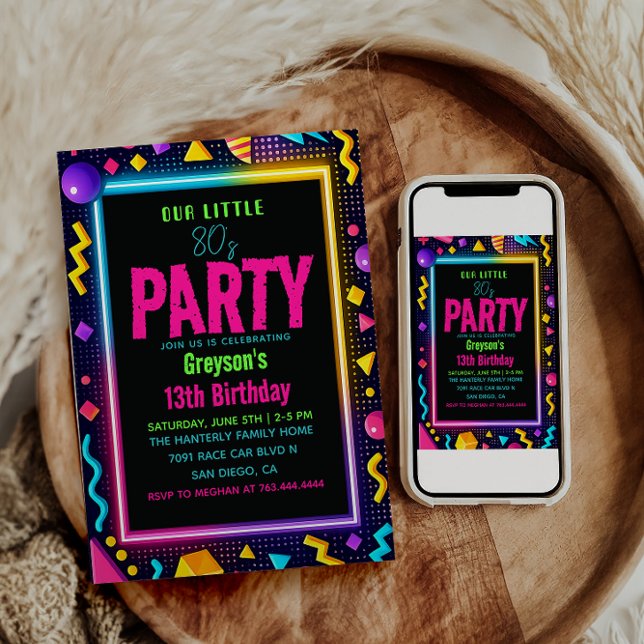 Invitation notre petite fête d'anniversaire Rétro Néon des an (our little Retro Neon 80's Birthday Party Invitation
#RetroBirthday #80sBirthdayParty #NeonParty )