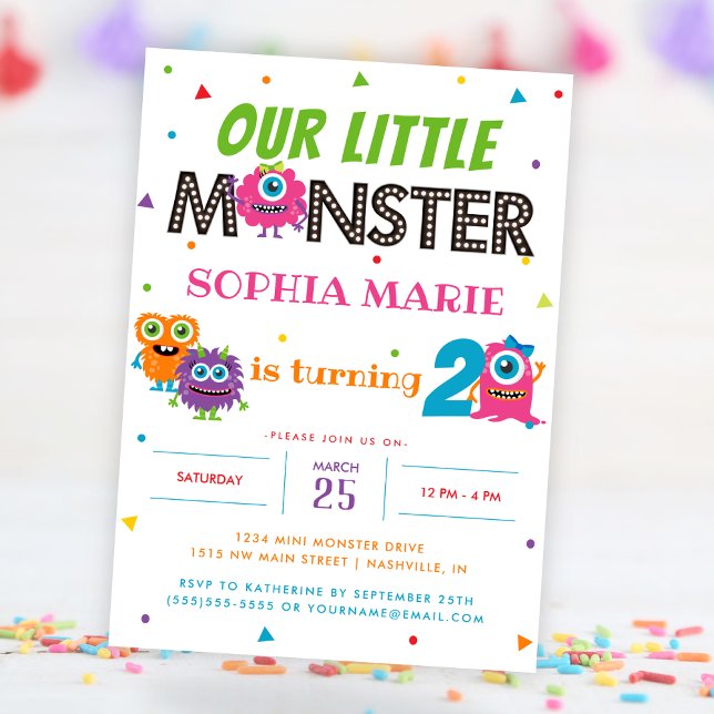 Invitation Notre petite fête des Anniversaires de enfants ros (Our Little Monster Cute Pink Kids Birthday Party Invitation)