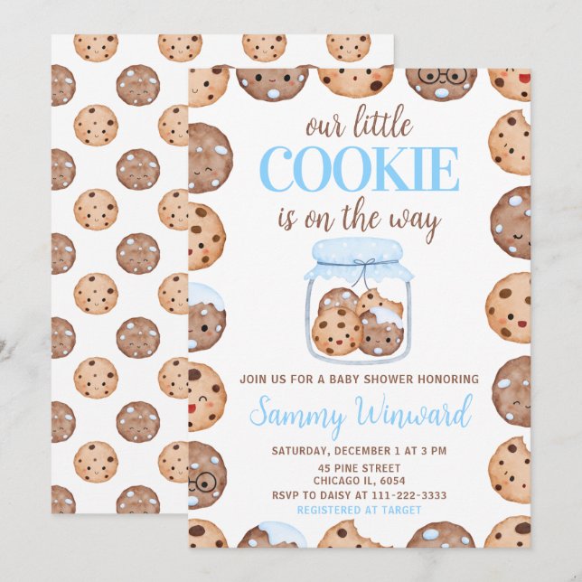 Invitation Notre petite fete pre-natale Cookie Blue (Devant / Derrière)