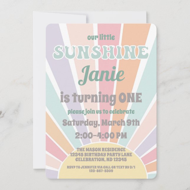 Invitation notre petite fille anniversaire rétro hippy soleil (Devant)