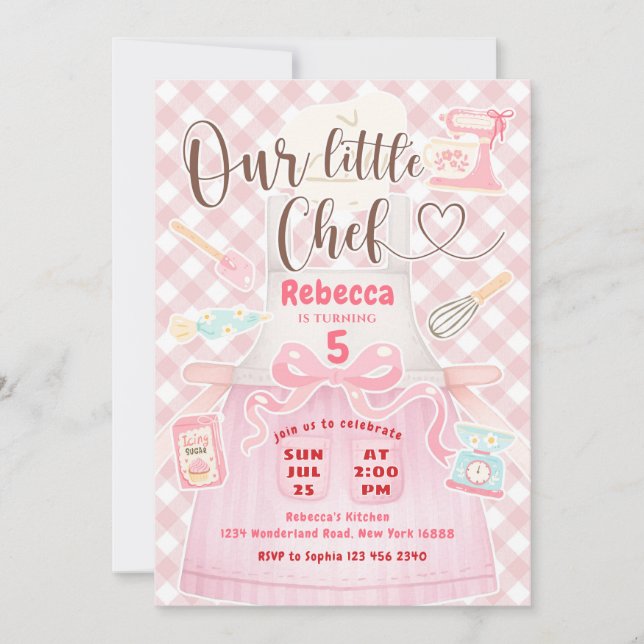 Invitation Notre Petite Fille Chef Rose Gingham Fête de Naiss (Devant)