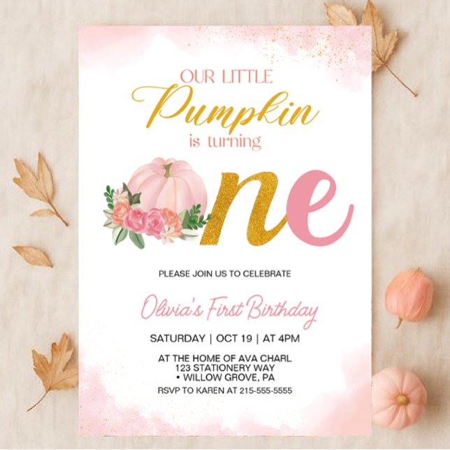 Invitation Notre Petite fille Citrouille rose et or 1er anniv (Créateur téléchargé)