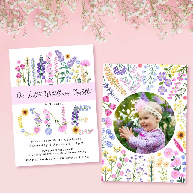 Invitation Notre petite fille Fleur sauvage 1ère photo d'anni (Our Little Wildflower Girl 1st Birthday Photo Invitation)