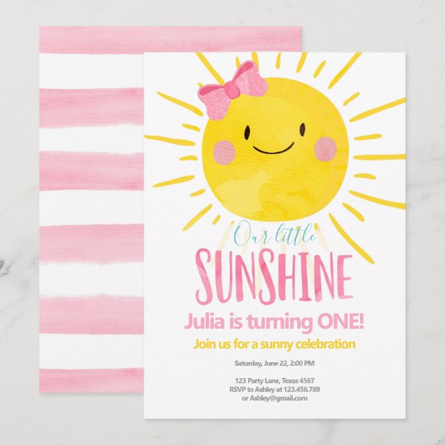 Invitation Notre Petite Fille Sunshine Pink Bow Premier Anniv (Devant / Derrière)