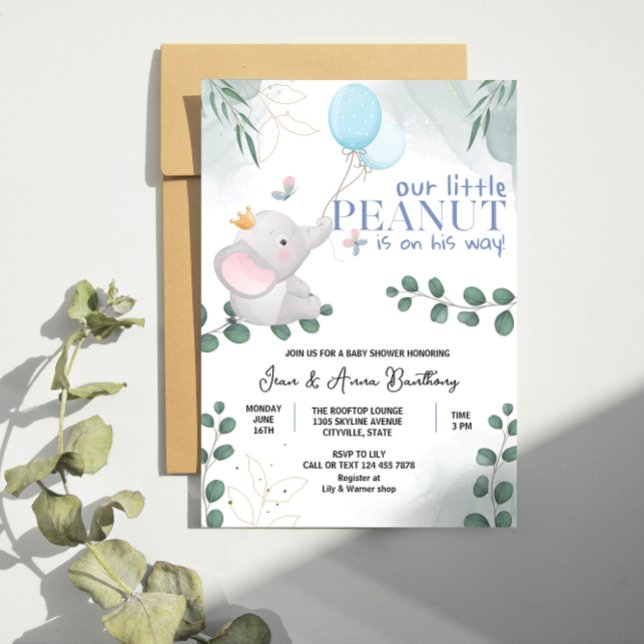 Invitation Notre Petite Peanut Cute Elaphant Baby Boy Douche (our little peanut cute elaphant baby boy shower )