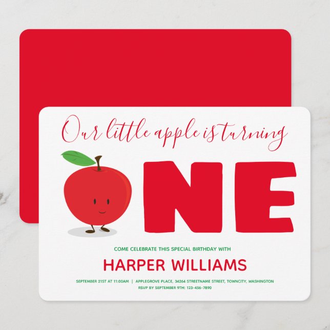 Invitation Notre Petite Pomme Tourne Un Rouge D'Anniversaire (Devant / Derrière)