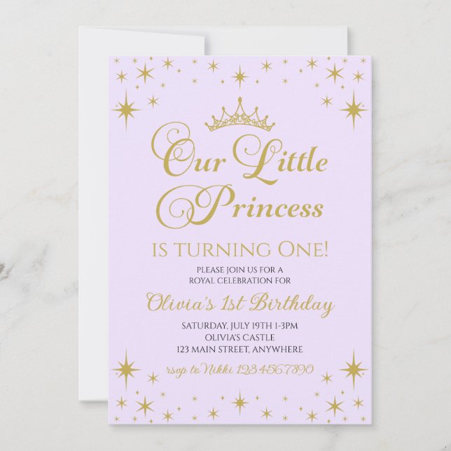 Invitation Notre petite princesse Royal Gold et lilas Anniver (Devant)