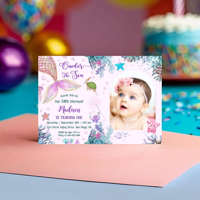 Invitation Notre Petite Sirène ONE der The Sea 1er Anniversai (Oneder the sea Mermaid Girl Birthday Party Invitation)