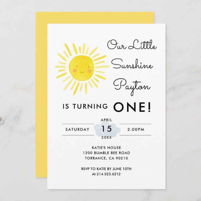 Invitation Notre petite Sunshine Girl 1er Anniversaire (Devant / Derrière)