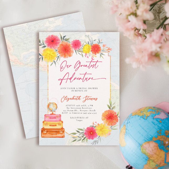 Invitation Notre Plus Grande Aventure Thème de Voyage Floral  (travel bridal shower invitation floral watercolor world map suitcase tropical hot pink zinnia)