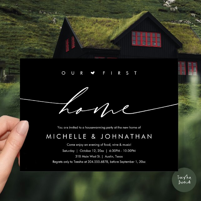 Invitation Notre première maison, célébration de pendaison de (Our first home, Housewarming party celebration Invitation Card, PDF, in black)