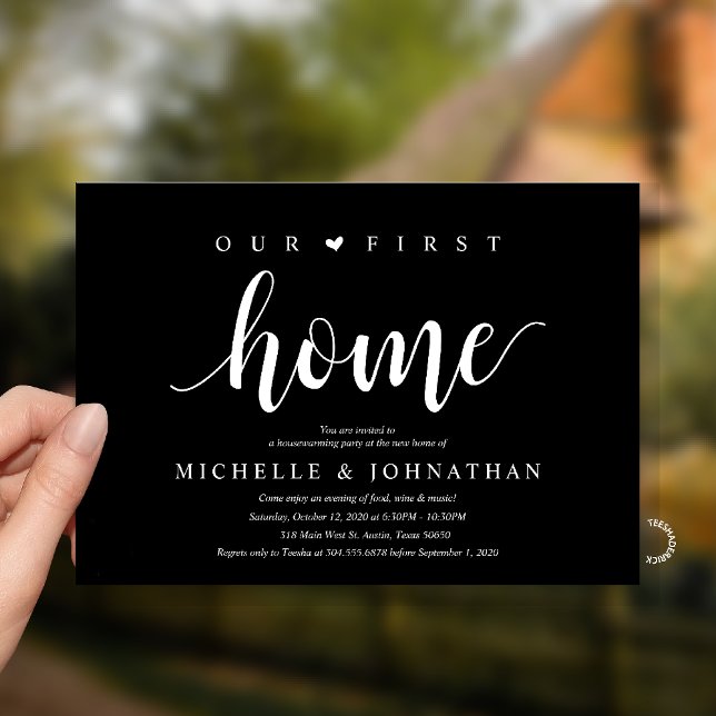Invitation Notre première maison Fête de pendaison de crémail (Our First Home Housewarming party Invitation Card in White Black)