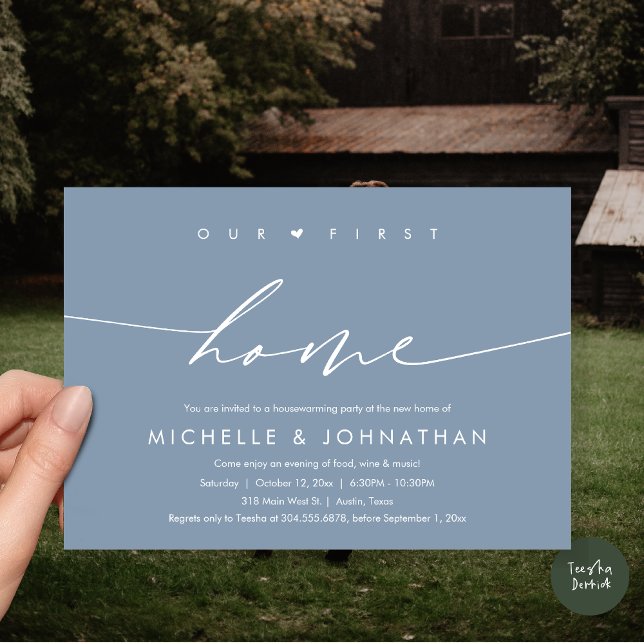 Invitation Notre première maison, fête du réchauffement clima (Our first home, Housewarming party celebration Invitation Card, PDF, in dusty blue)