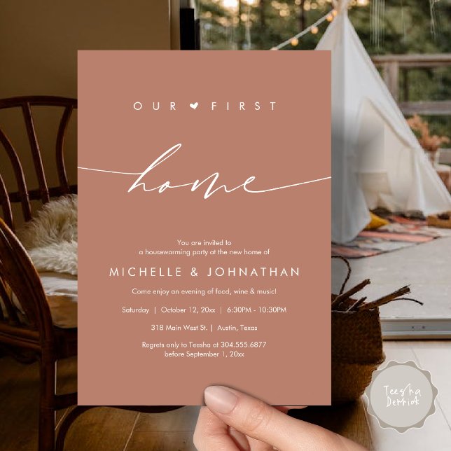 Invitation Notre première maison, fête du réchauffement clima (Our first home, Housewarming party celebration Invitation Card, PDF, terracotta earthy brown)