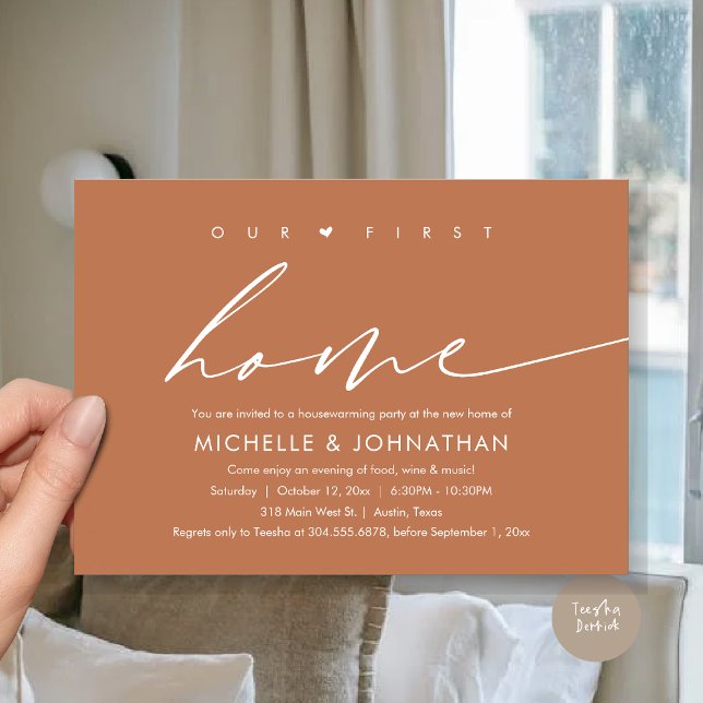 Invitation Notre première nouvelle maison, Fête de la Fête du (Our First New Home, Housewarming Party Celebration Invitation Card, PDF, in Copper Rust)
