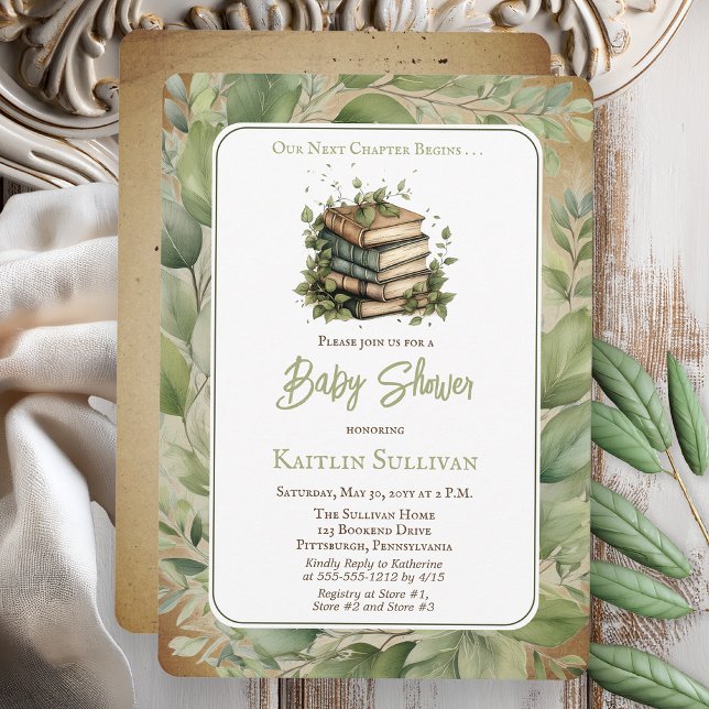 Invitation Notre prochain chapitre commence le Baby shower de (Rustic Vintage Look Elegance "Our Next Chapter Begins . . ." Old Books Leaves Baby Shower Invitation)