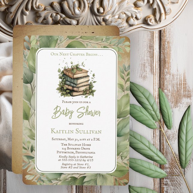 Invitation Notre prochain chapitre commence le Baby shower de (Rustic Vintage Look Elegance "Our Next Chapter Begins . . ." Old Books and Leaves Baby Shower Invite)